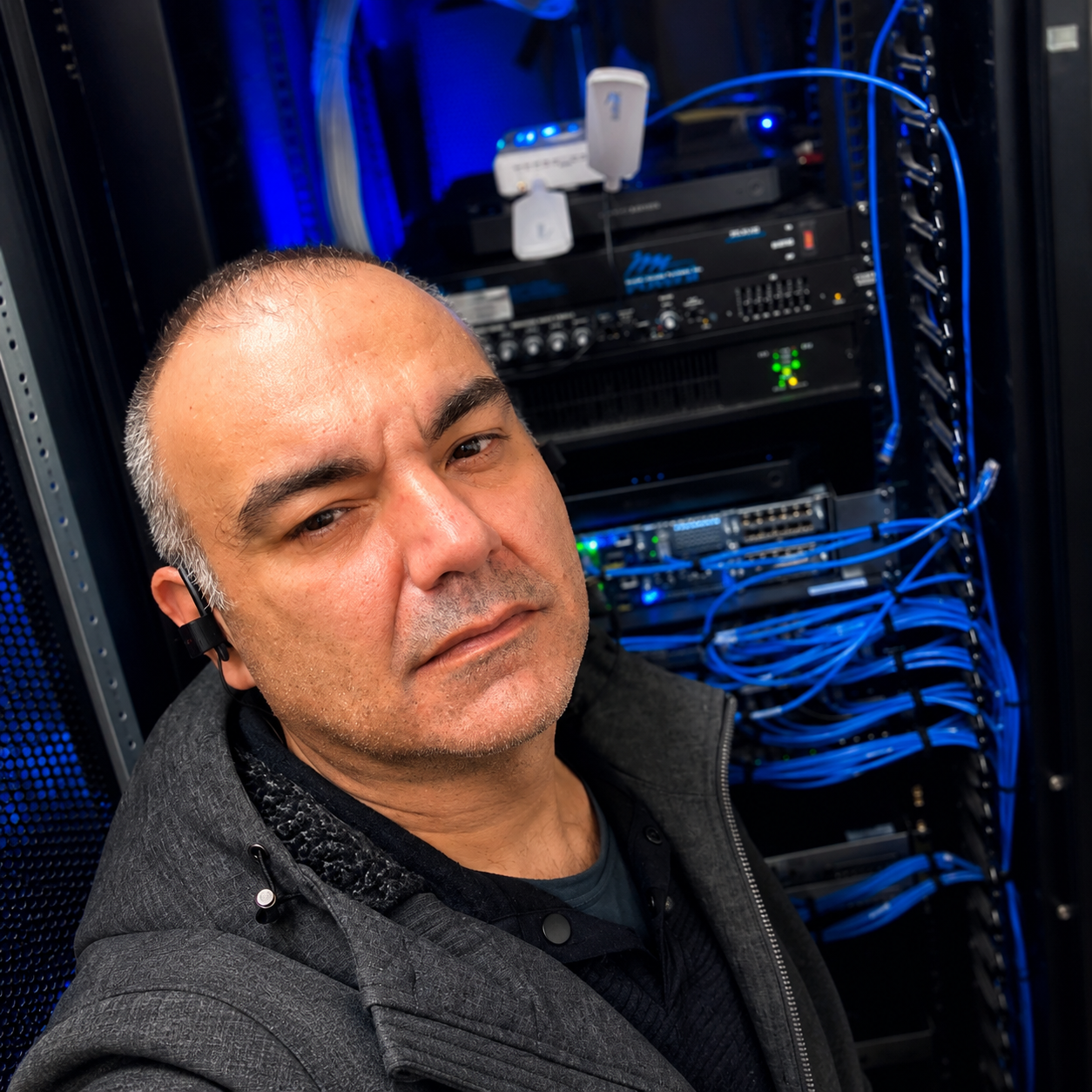 Alexandre Dias de Oliveira in front of a network rack with blue lighting